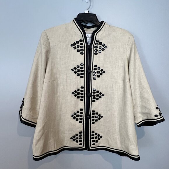Linea Louis Dell'Olio Jacket Blazer Women Plus 1X Linen Cream Black Beaded - Picture 1 of 8